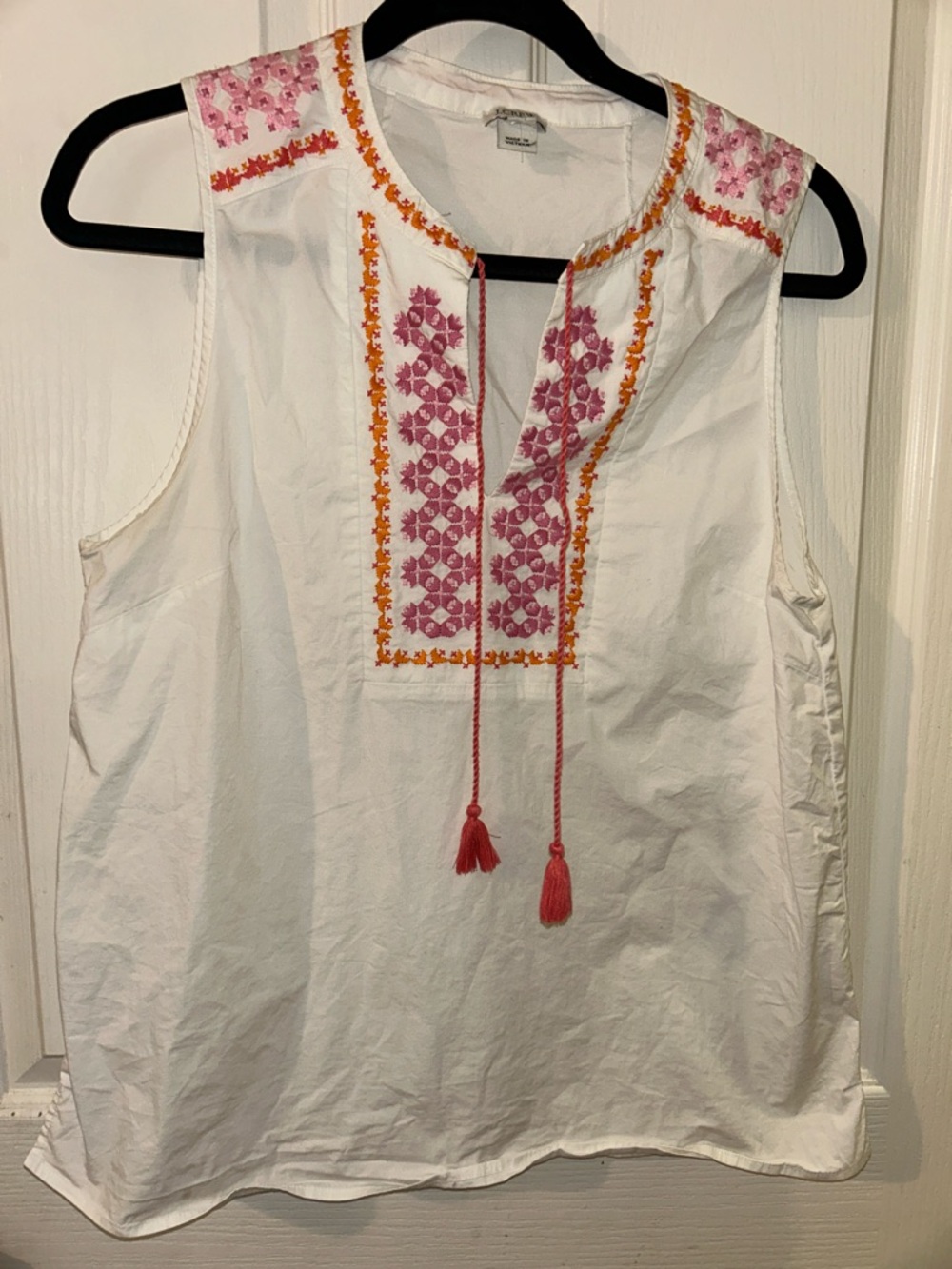 J Crew Embroidered White Sleeveless Top with Pink Tassel Accents. Size 12